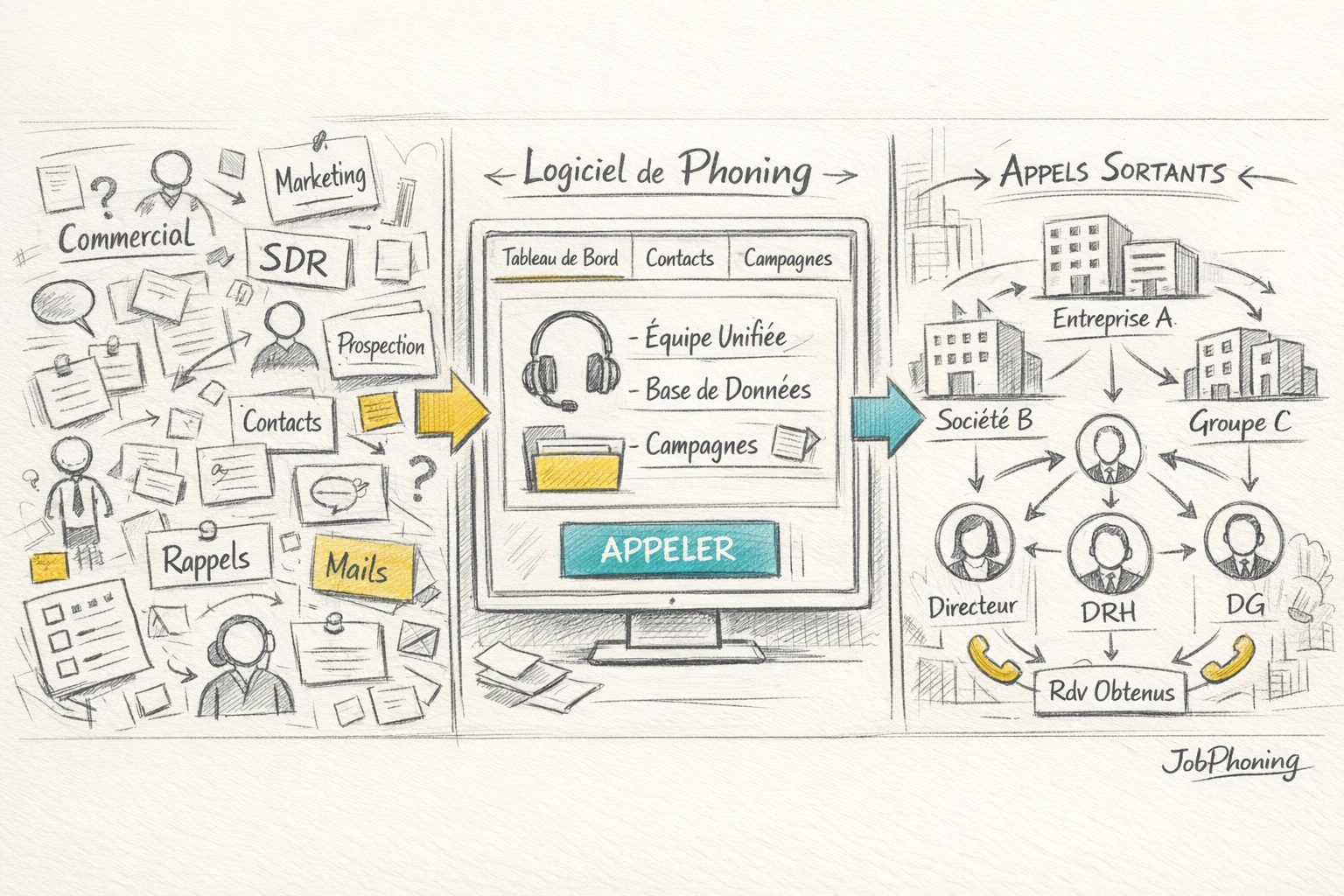 Schéma représentant l’intégration d’un logiciel de prospection via un noyau central connecté à plusieurs blocs.
