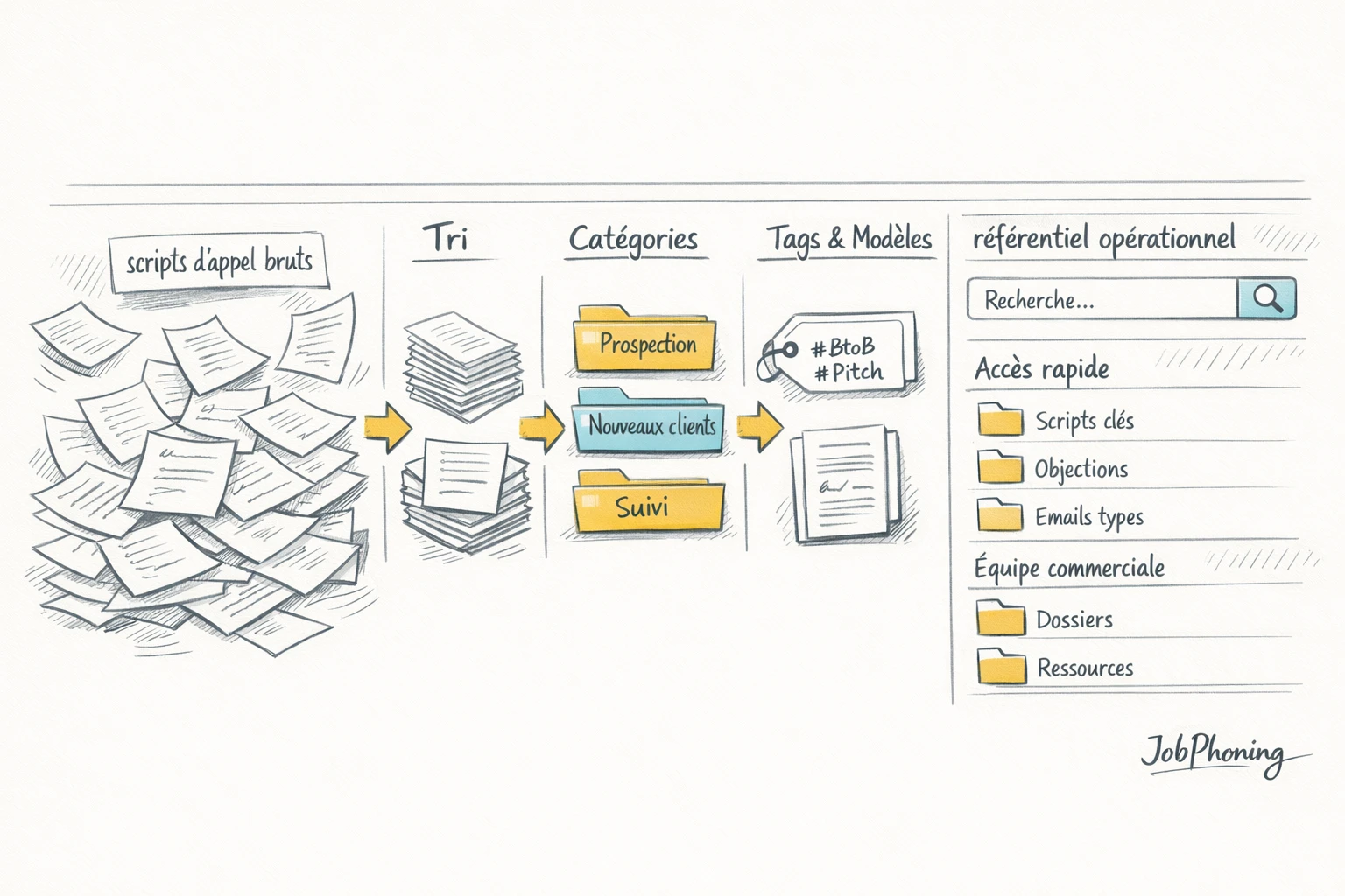 Schéma représentant l’organisation de scripts d’appel via blocs connectés symbolisant étapes et décisions.