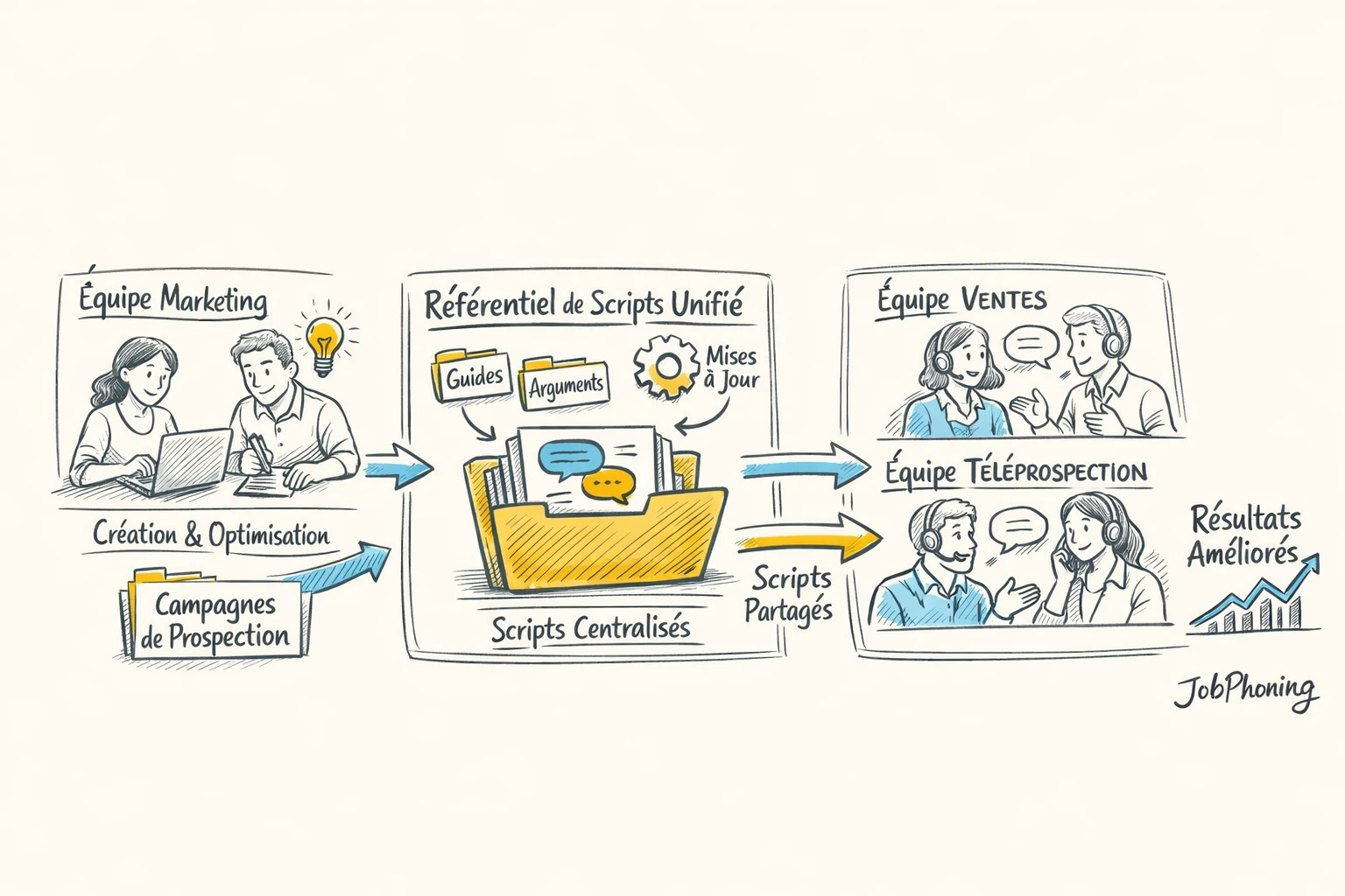 Infographie représentant un référentiel commun via un noyau central relié à trois blocs d’équipes alignées.