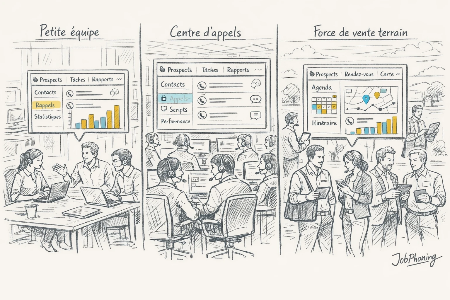 Infographie représentant trois usages d’un logiciel de prospection via colonnes, rectangles connectés et icônes abstraites