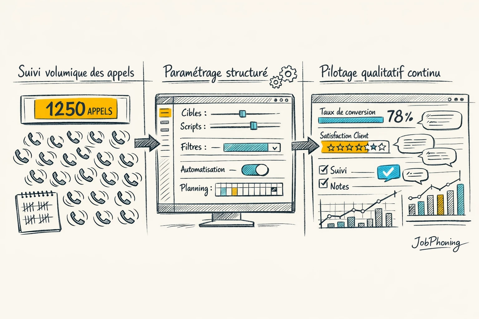 Schéma représentant la transformation d’un outil de phoning en pilotage qualité via blocs rectangulaires, flèches