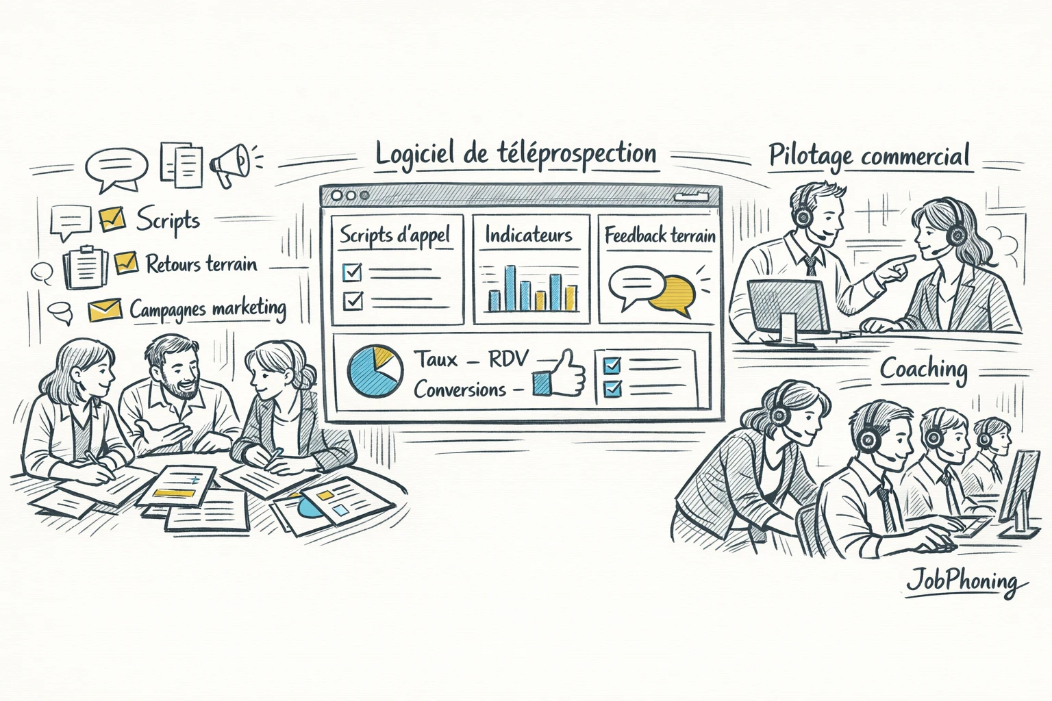Infographie représentant l’alignement marketing-ventes-qualité via un noyau central relié à plusieurs blocs géométriques.