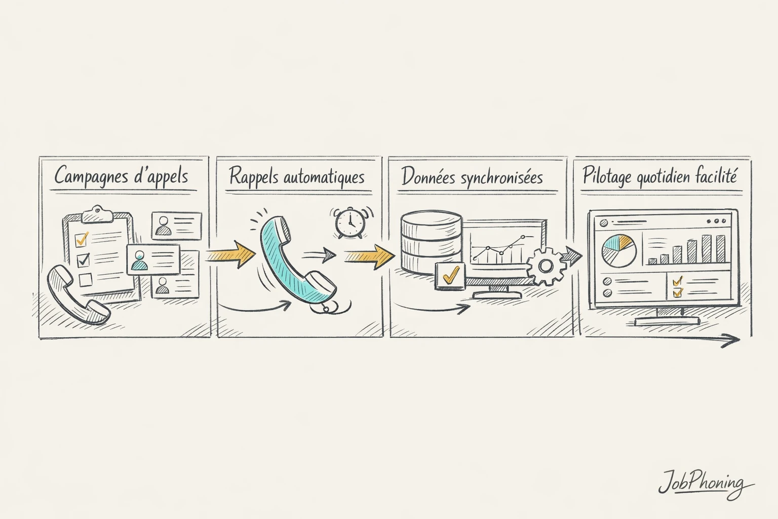 Schéma représentant un flux d’appels téléphoniques via rectangles, flèches et tableaux abstraits alignés.