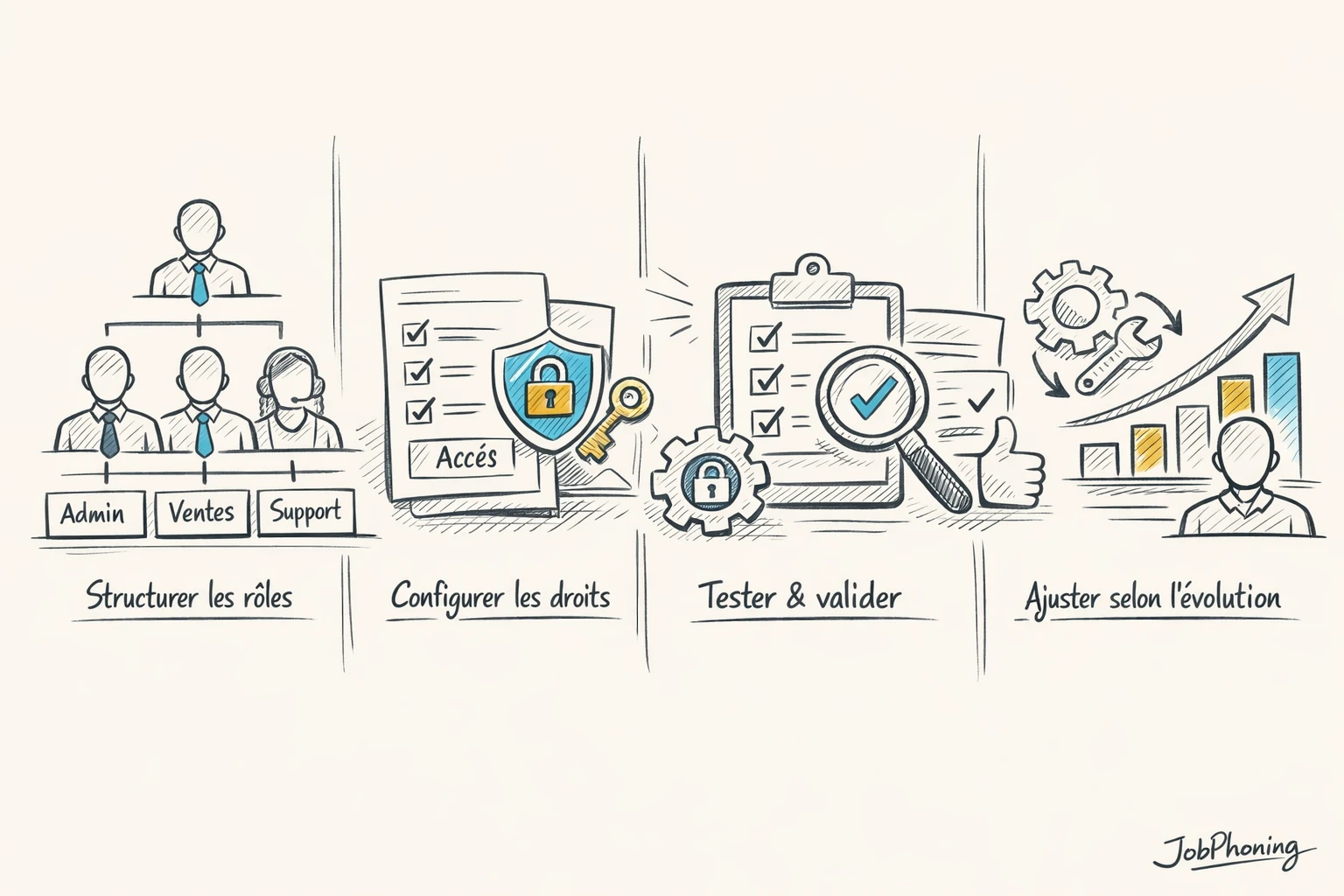 Schéma représentant une matrice d’autorisations évolutive via un flux de blocs reliés.