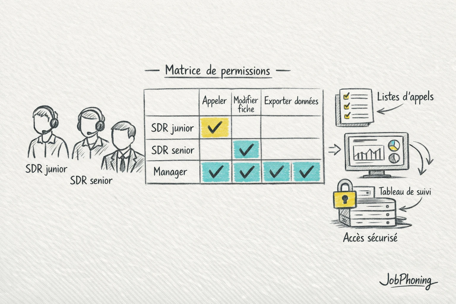 Schéma représentant la structuration des rôles via couches hiérarchiques reliées à un noyau central