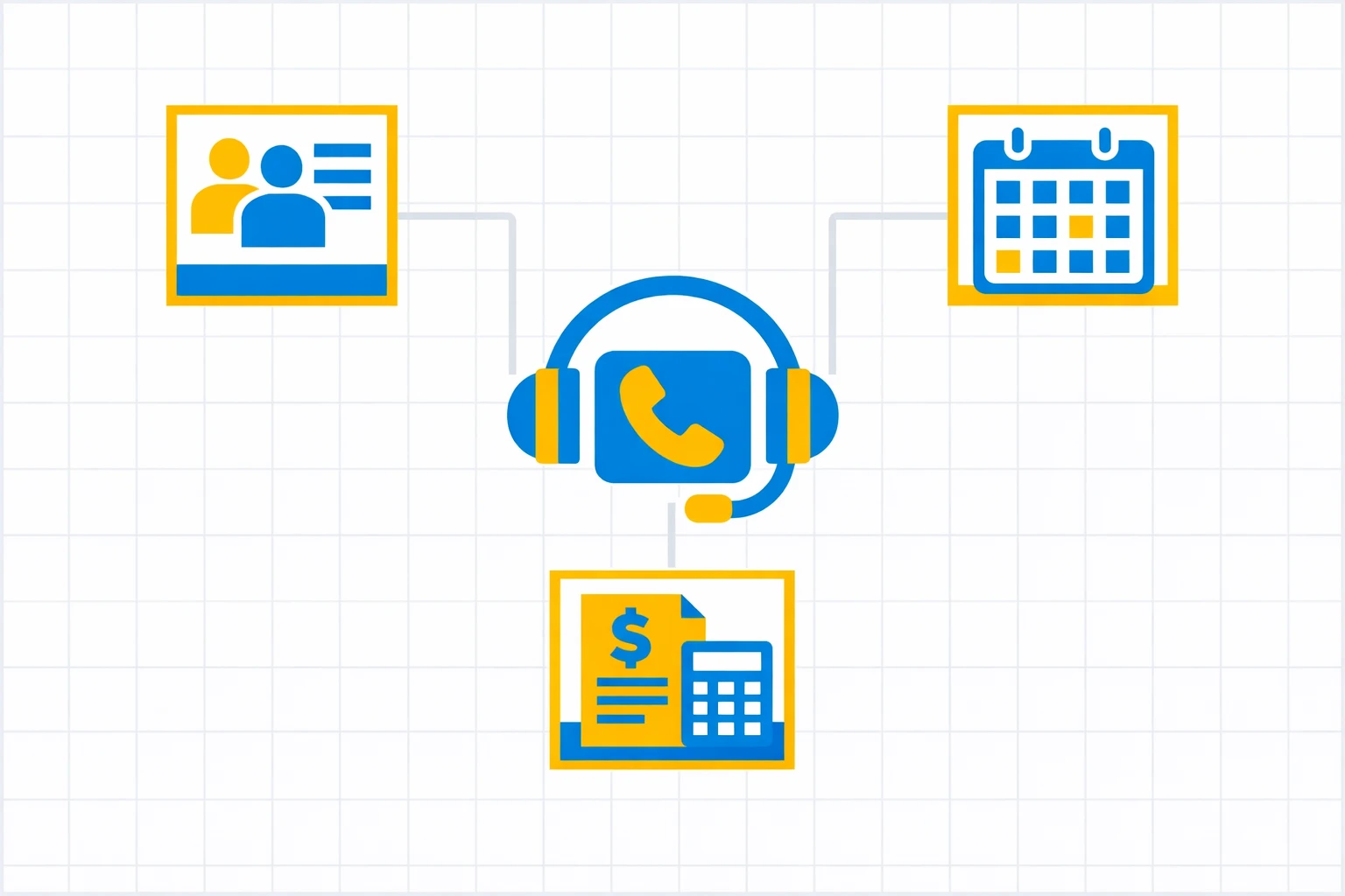 Schéma représentant l’intégration d’outils de prospection, CRM et agenda via blocs reliés et flèches simplifiées.