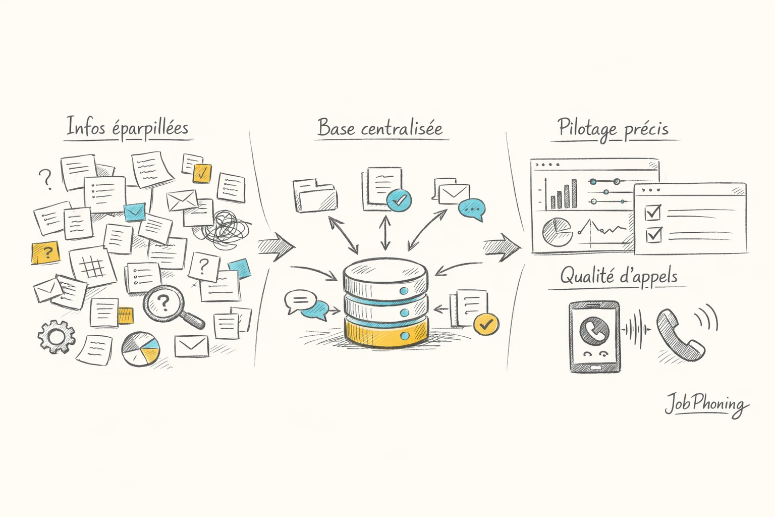 Infographie représentant l’organisation des appels via éléments dispersés à gauche et hub centralisé à droite.