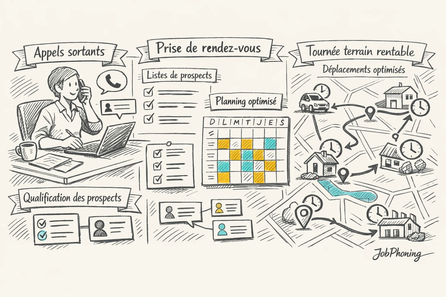 Schéma représentant un processus d’appels avant visites terrain via blocs reliés et icônes abstraites.