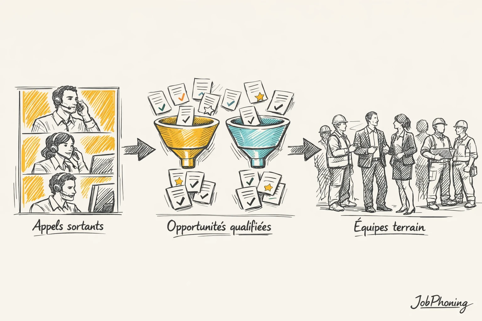 Schéma représentant l’organisation de la prospection via pipeline central et calendriers reliés