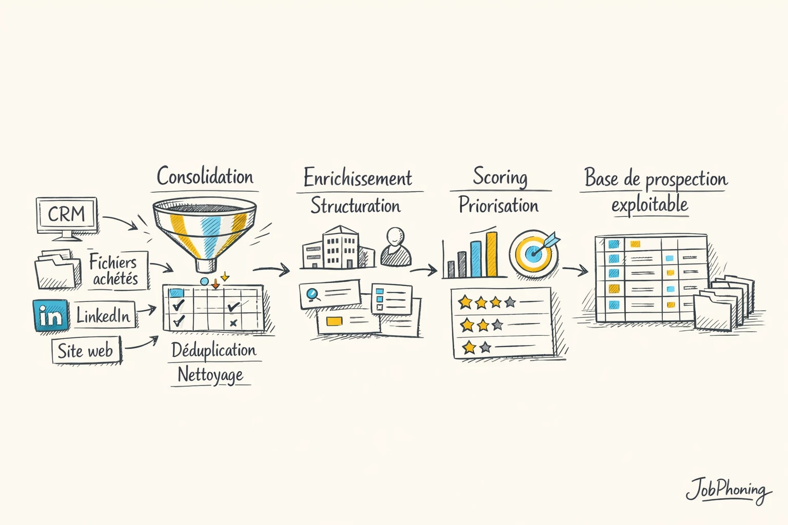 Schéma représentant la transformation de données multi-sources en base de prospection via blocs reliés et