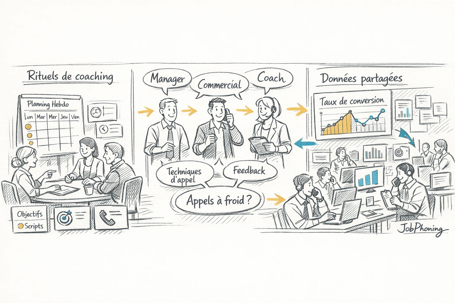 Schéma représentant le coaching des appels à froid via un noyau central connecté à plusieurs
