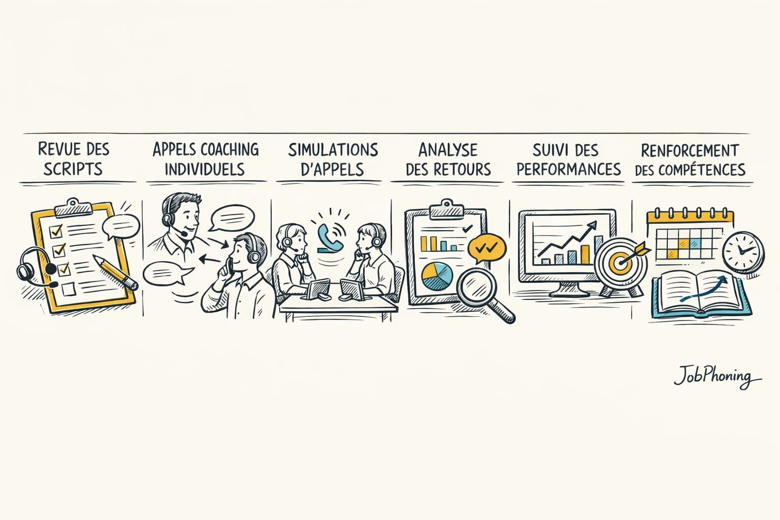 Schéma représentant un processus de suivi post-formation via blocs reliés et flèches séquentielles.