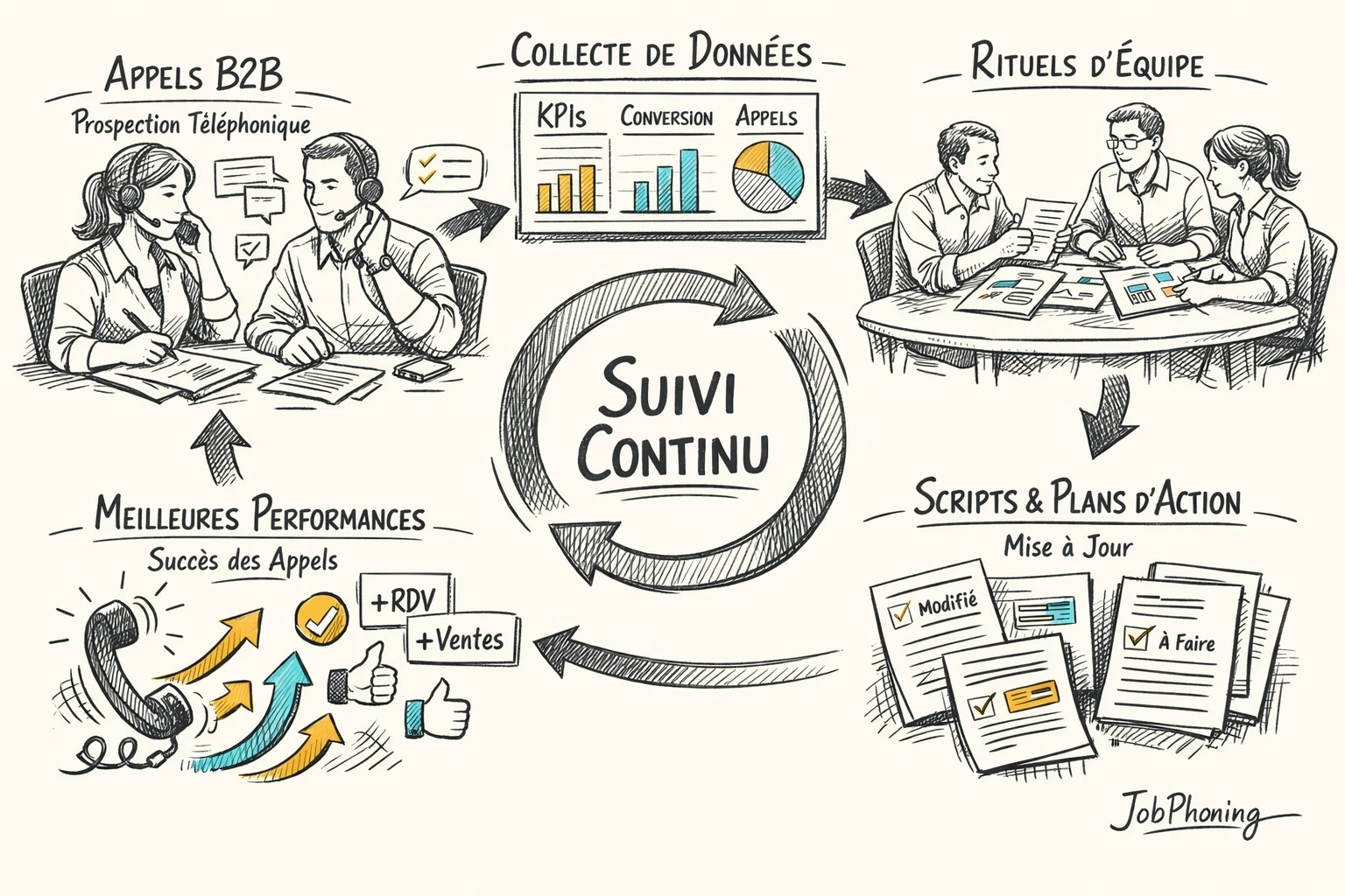 Schéma représentant le suivi post-formation intégré au phoning via boucle centrale, blocs et indicateurs abstraits.