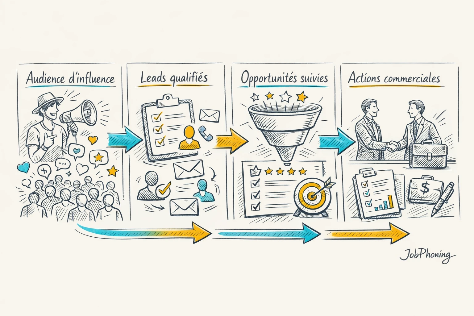 Schéma représentant la transformation d’une campagne d’influence en pipeline commercial via blocs reliés et flèches