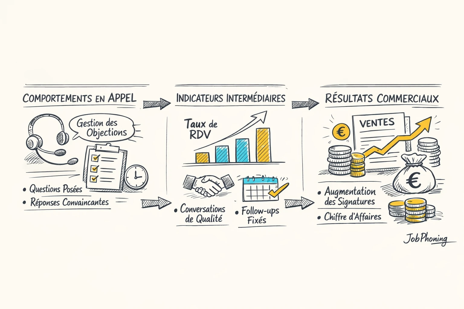 Schéma représentant le suivi des indicateurs après formation via flèches, blocs et tableaux abstraits.