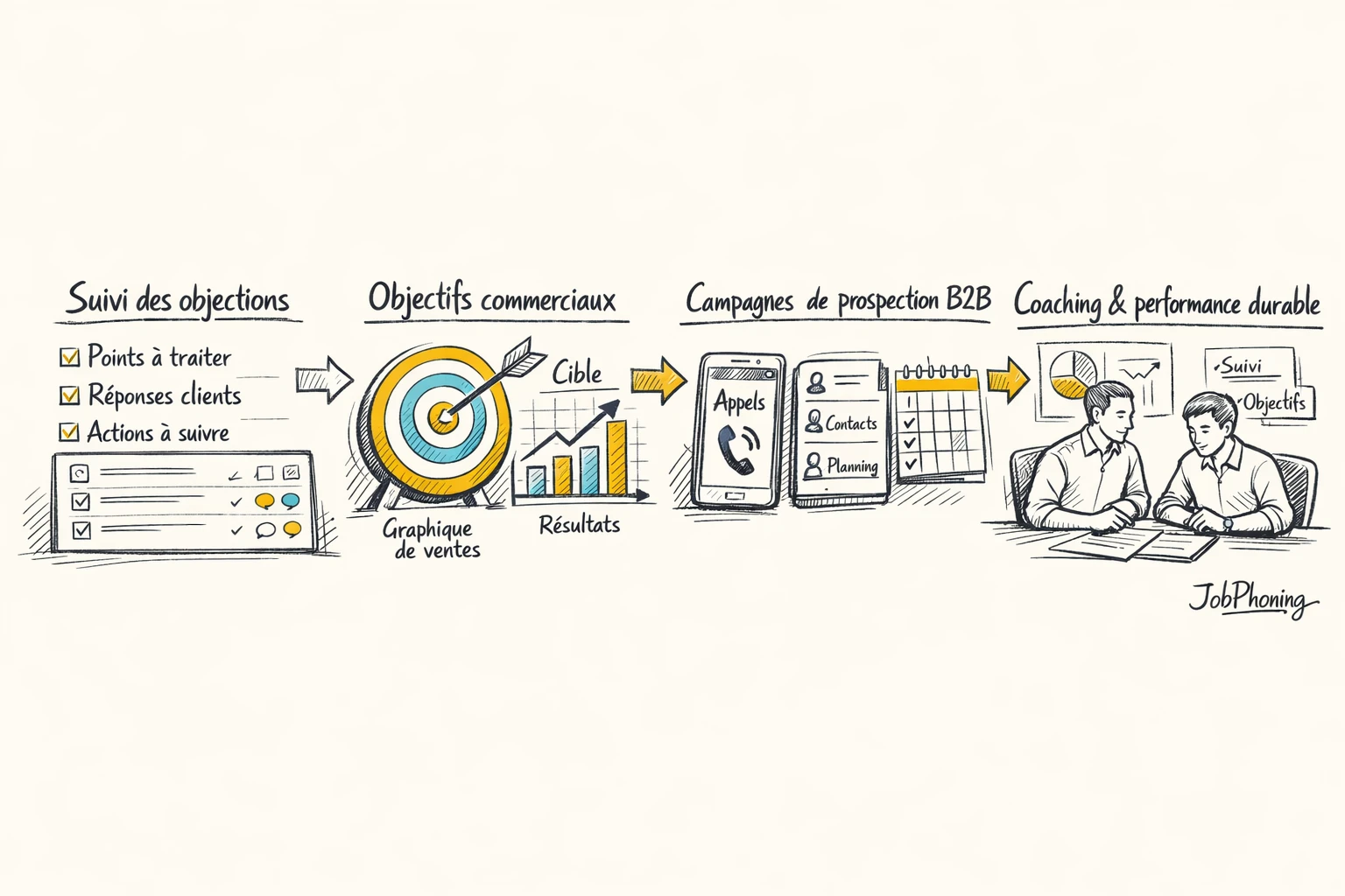 Infographie représentant le suivi des objections via un noyau central connecté à plusieurs blocs analytiques