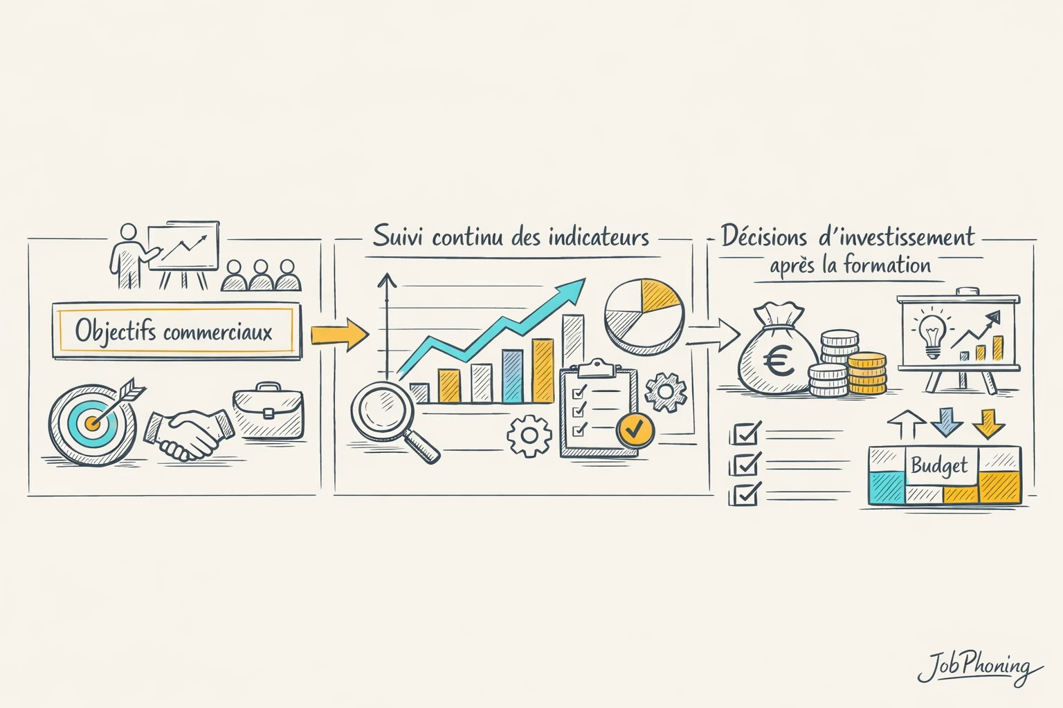 Schéma représentant le suivi d’un plan de mesure formation via flèches, blocs et icônes abstraites