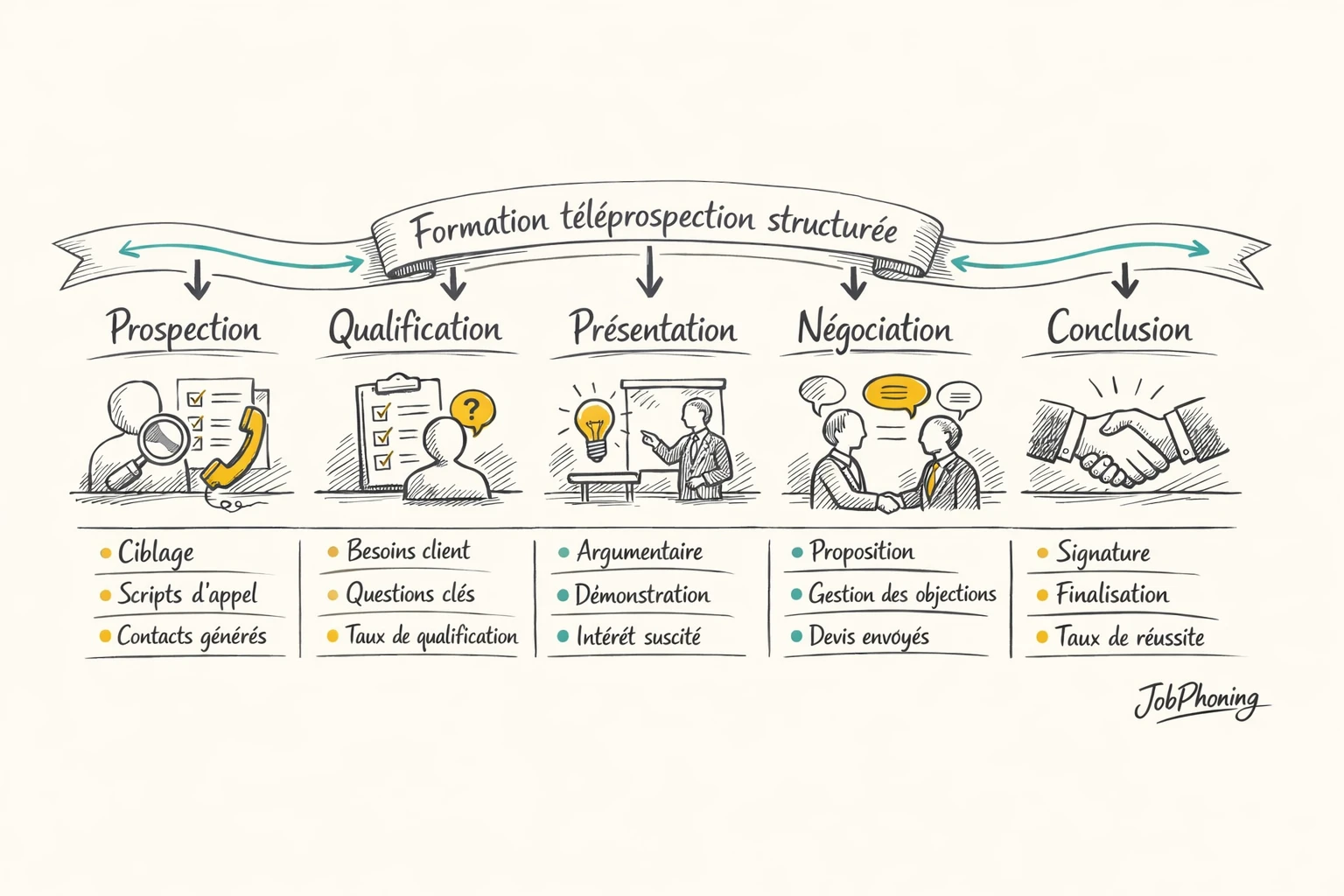Schéma représentant l’intégration de la formation téléprospection via pipeline segmenté et rôles commerciaux géométriques interconnectés