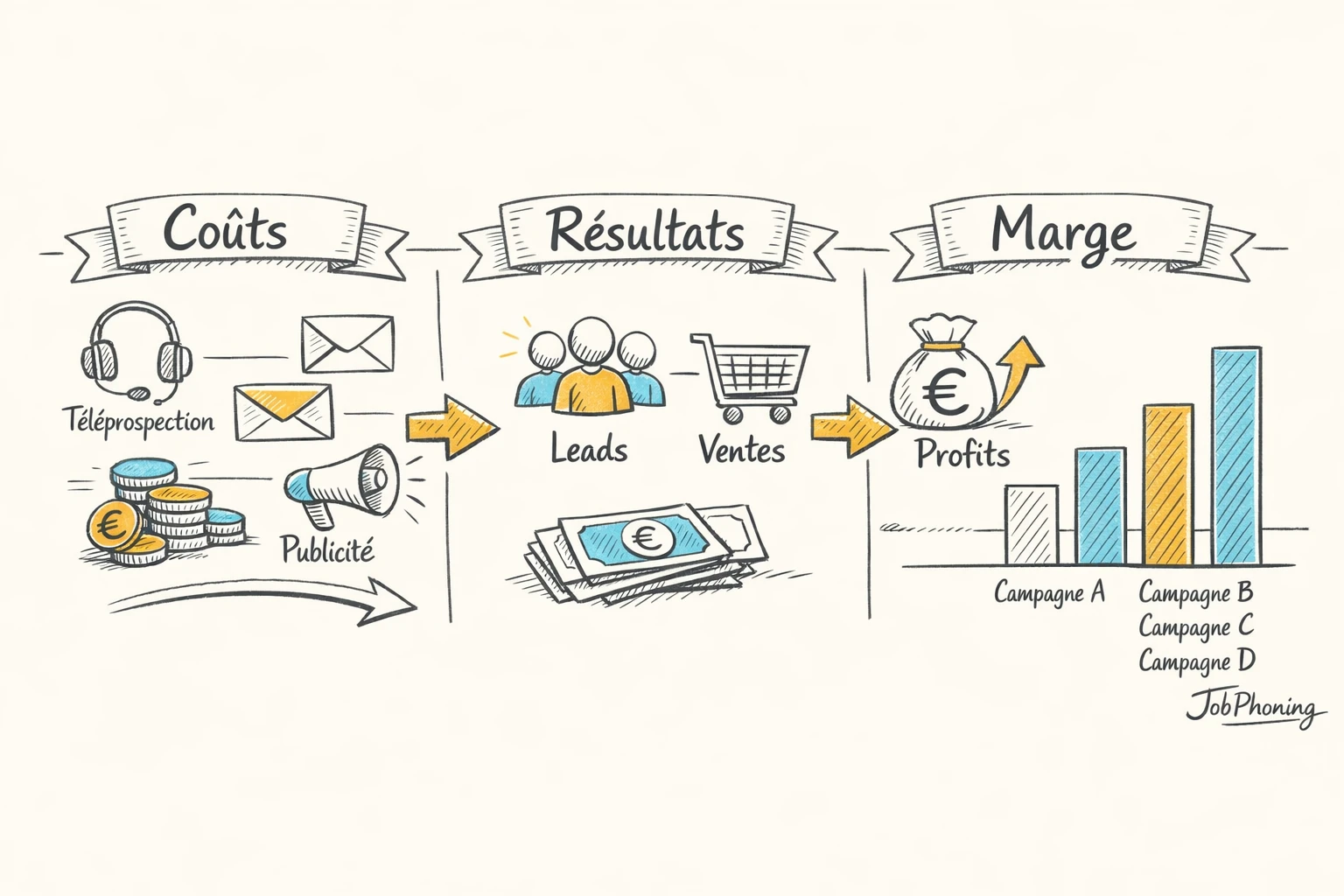 Schéma représentant un modèle de ROI simple via blocs alignés et flèches séquentielles