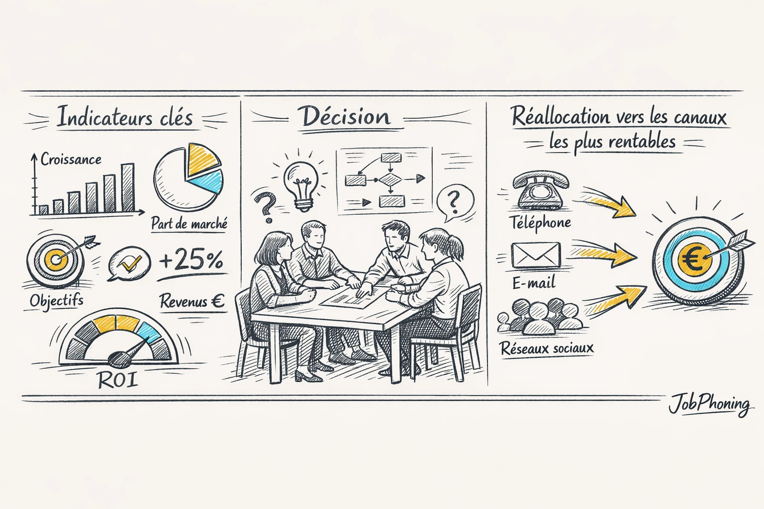 Infographie représentant le pilotage orienté ROI via colonnes d’indicateurs, tableau central et flux vers différents