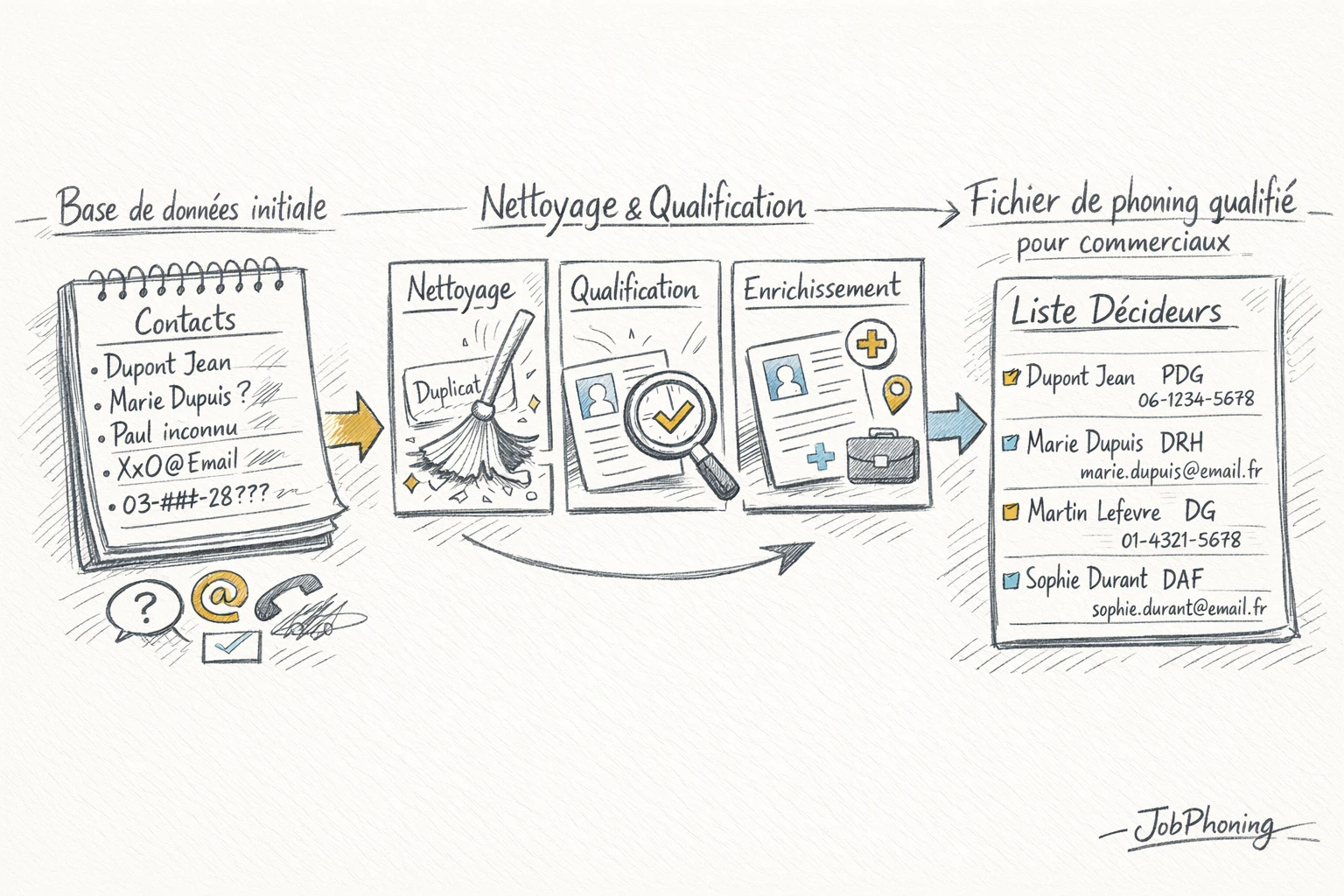 Schéma représentant la préparation d’un fichier de prospection via blocs reliés et flèches séquentielles