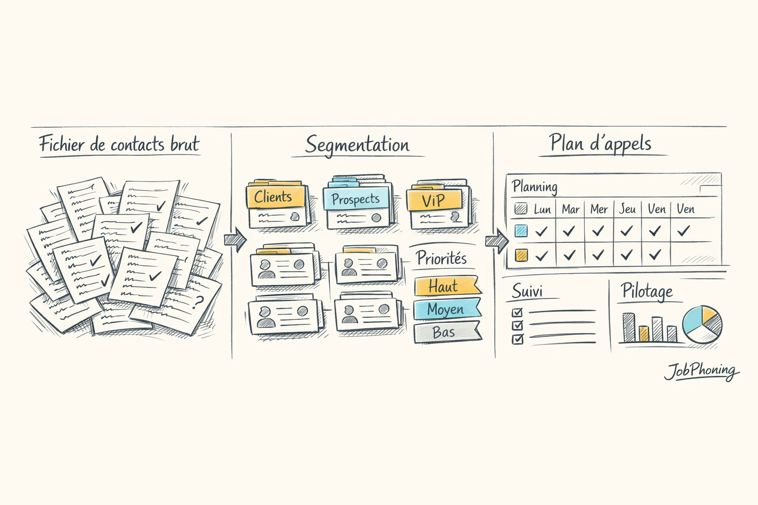 Schéma représentant la structuration d’un fichier de décideurs via blocs segmentés et flux organisés.