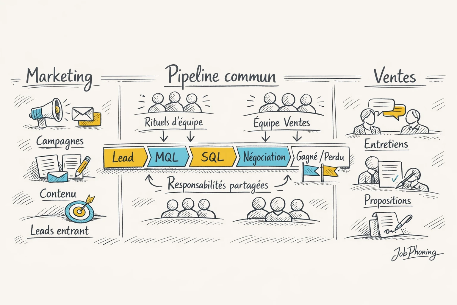 Schéma représentant l’alignement qualification prospects via pipeline central, blocs marketing et ventes interconnectés.