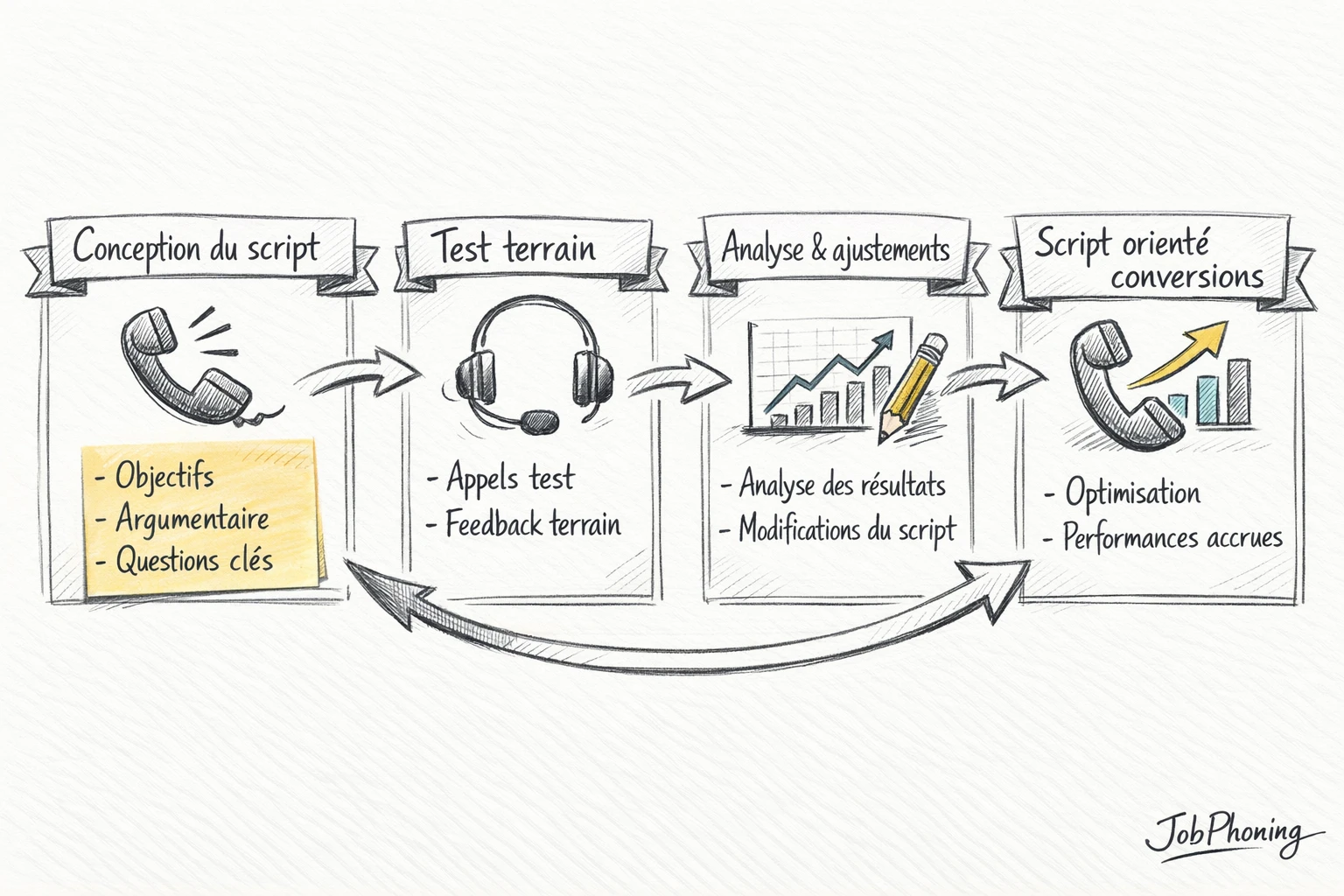 Schéma représentant l’optimisation continue d’un script d’appel via blocs connectés et flèches.