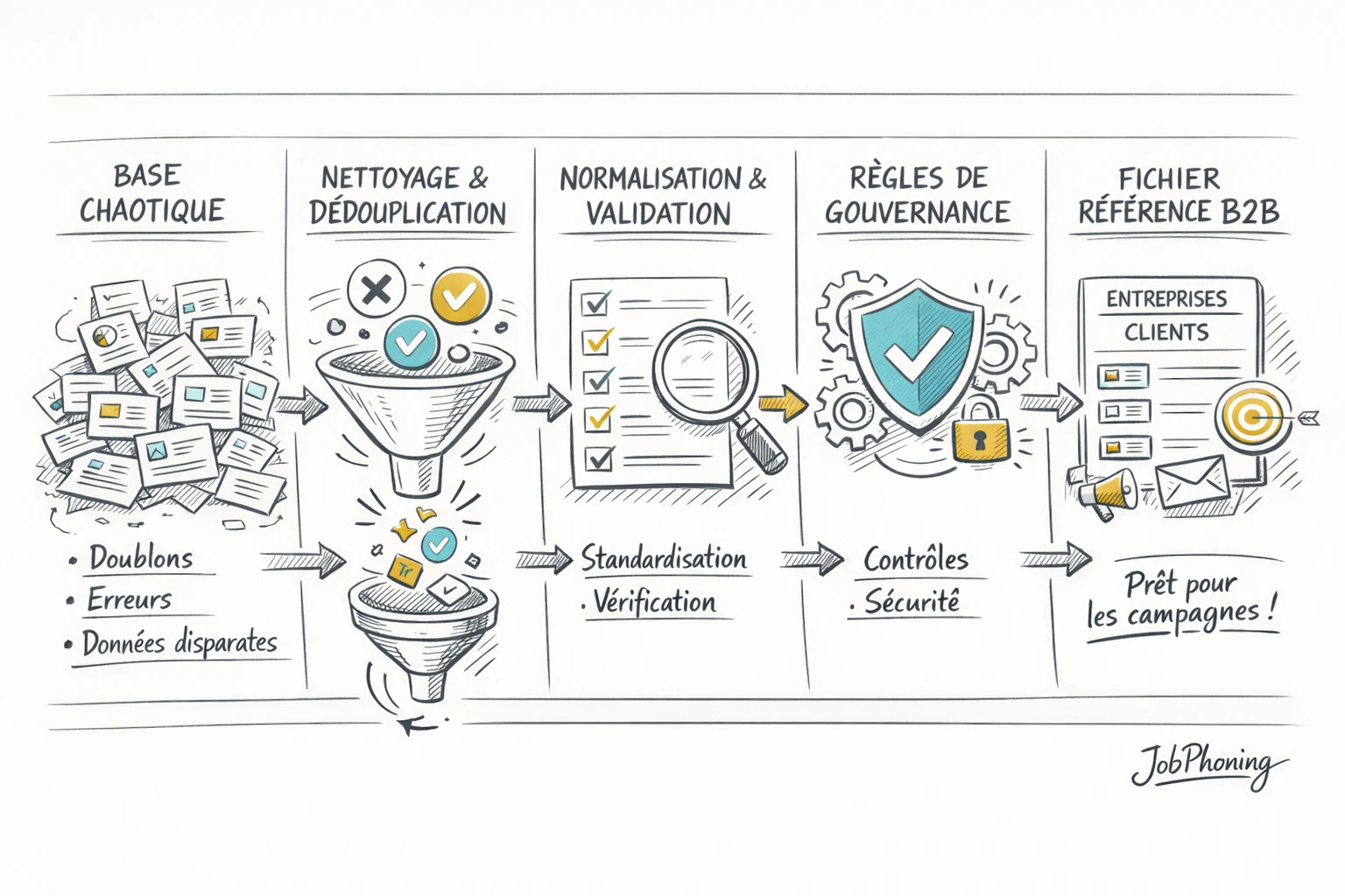 Schéma représentant la gouvernance opérationnelle des données via un enchaînement de blocs et flèches colorés.