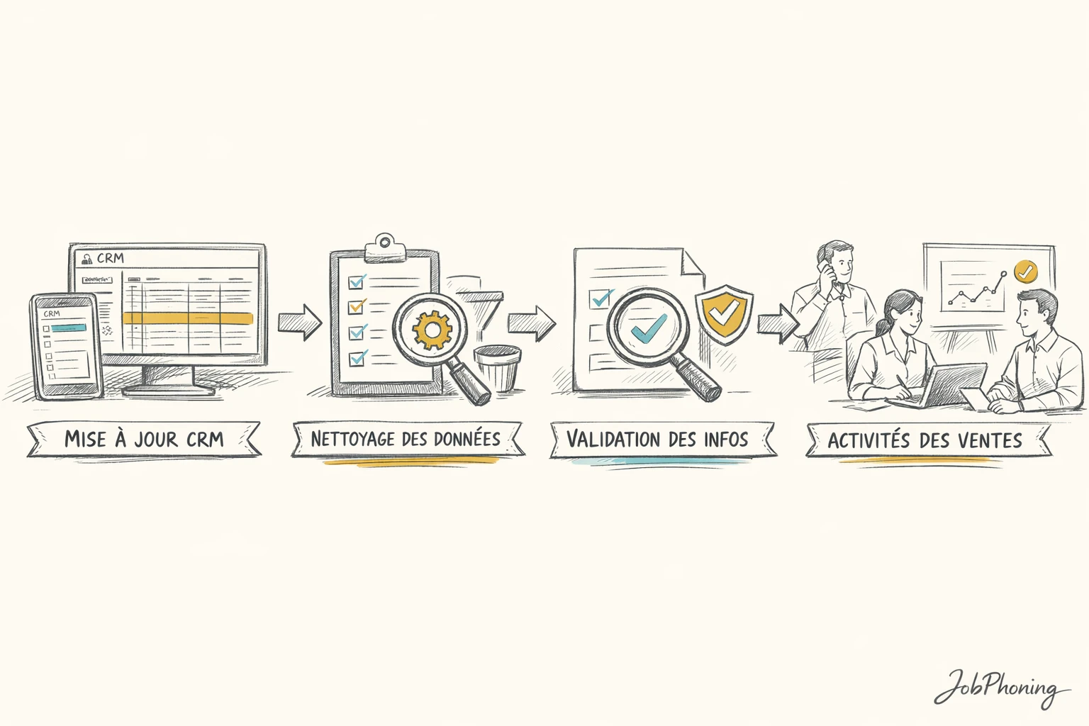 Schéma représentant un processus de mise à jour CRM via blocs reliés et flèches successives