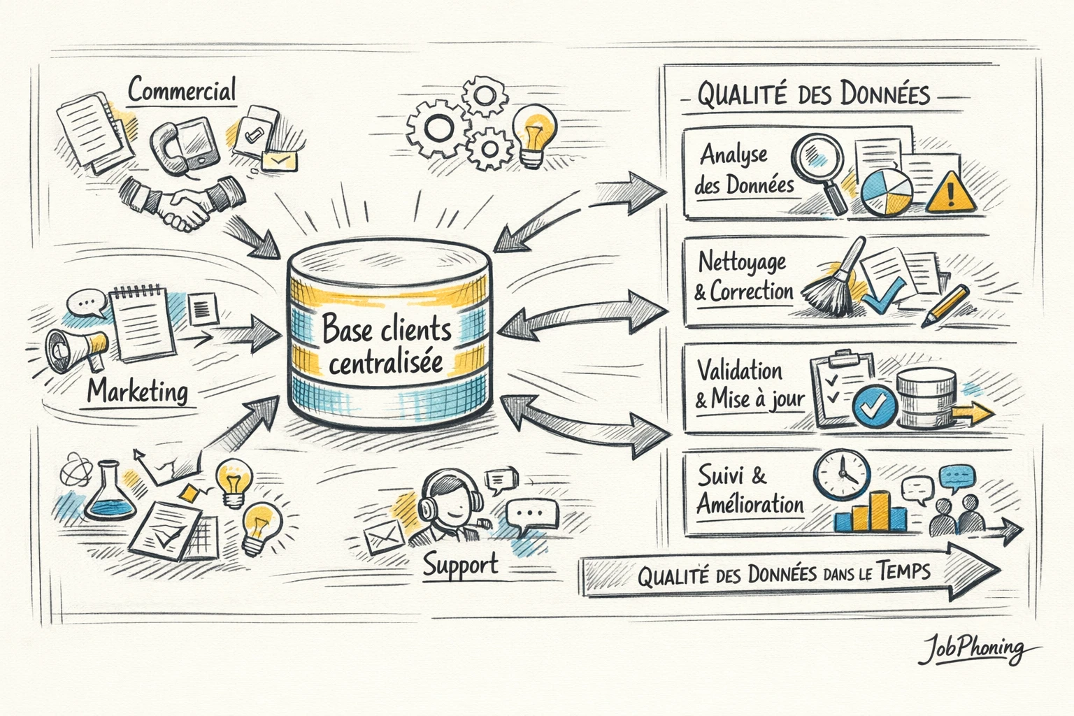 Schéma représentant la coordination des mises à jour clients via base centrale et blocs d’équipes