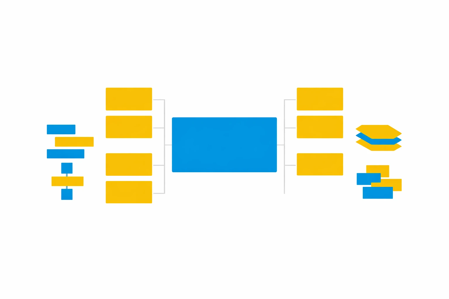 Schéma représentant l’intégration de scripts d’appel via rectangles centraux reliés à plusieurs blocs organisationnels.