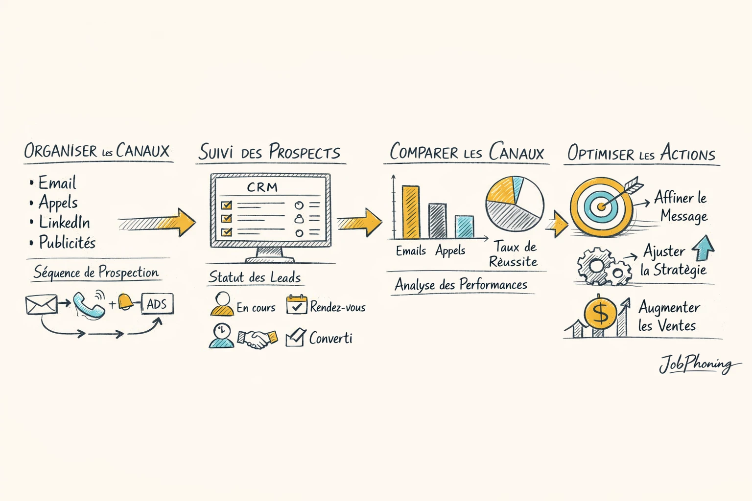 Schéma représentant un parcours de prospection multicanale via blocs reliés, flèches et icônes abstraites de