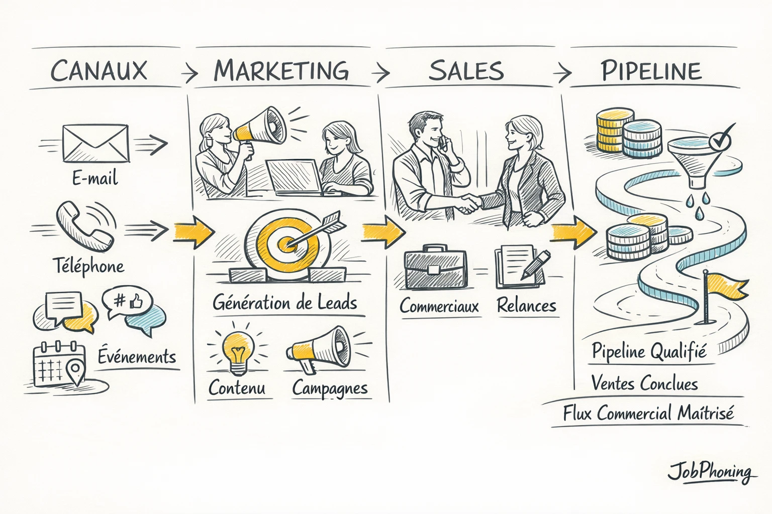 Schéma représentant la circulation des leads multicanal via pipeline central, entonnoirs d’entrée et nœuds téléopérateurs