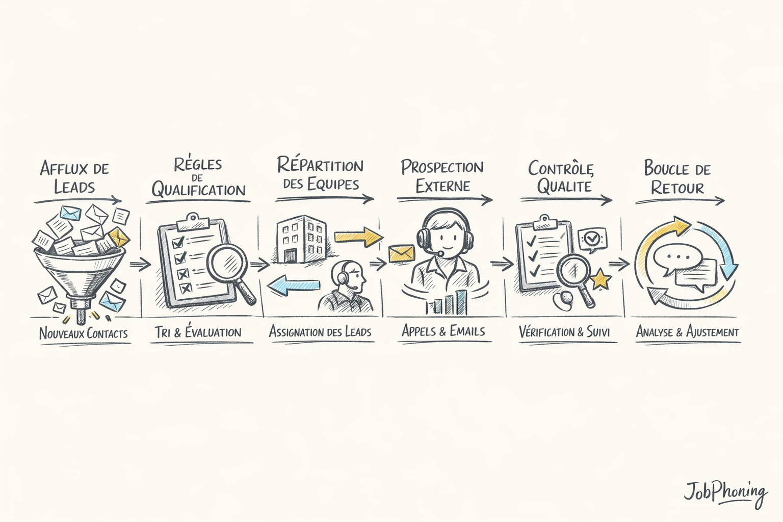 Schéma représentant l’organisation d’un renfort de prospection via enchaînement de blocs reliés par des flèches