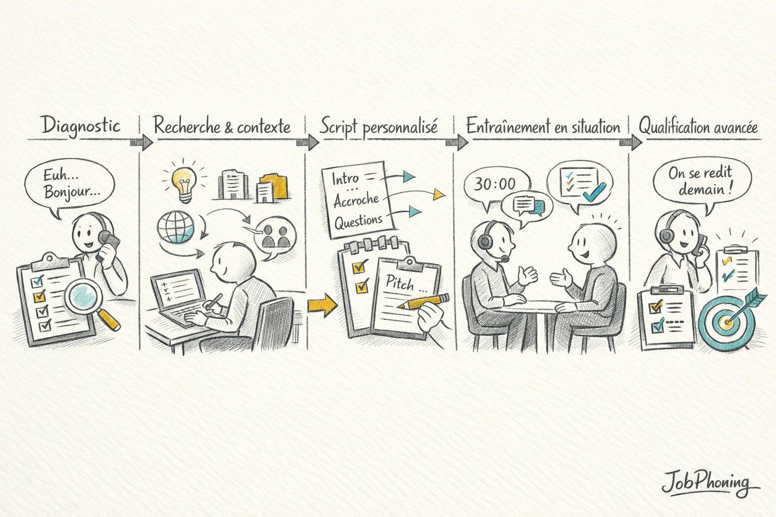 Schéma représentant un parcours de formation cold calling personnalisé via blocs reliés et flèches séquencées