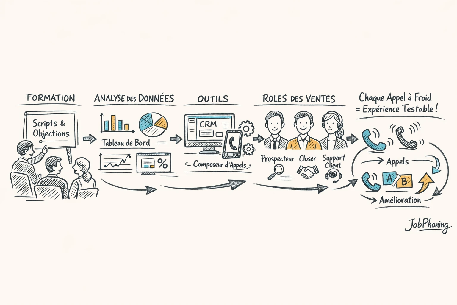 Schéma représentant la formation cold calling intégrée au dispositif commercial via cercles, rectangles et flèches