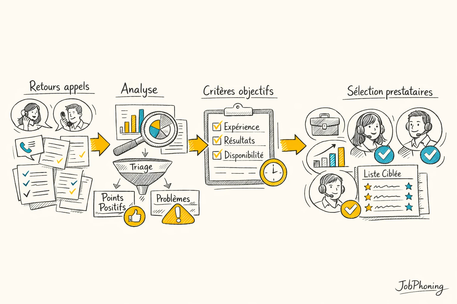 Schéma représentant la structuration des retours d’appels via enchaînement de blocs et flèches colorés.