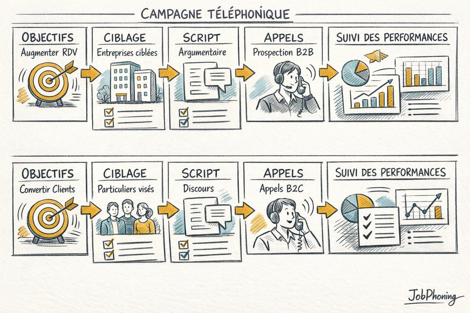 Schéma représentant la structuration d’une campagne B2B et B2C via un organigramme bicolore