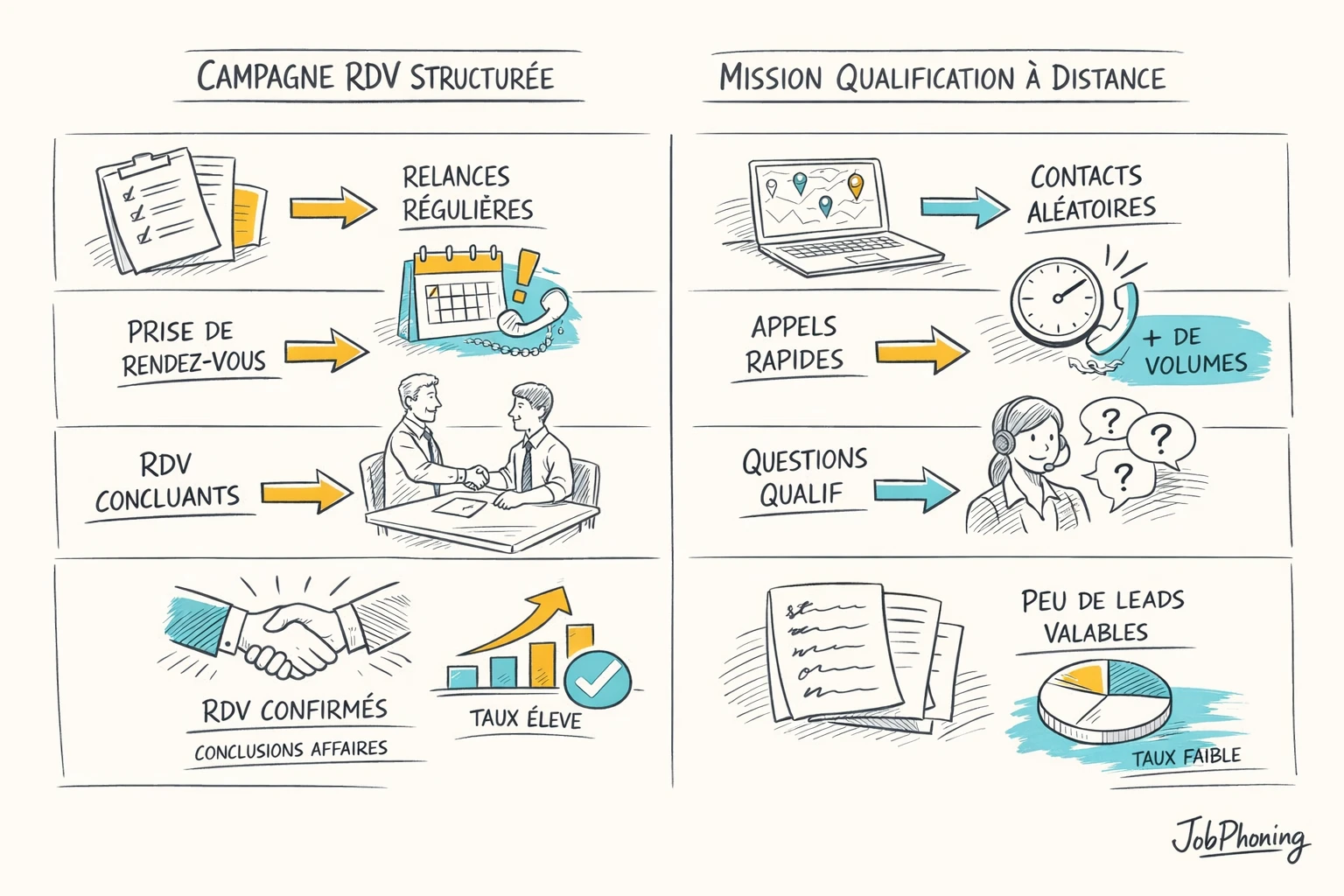 Infographie représentant deux missions de téléprospection via colonnes de blocs colorés et flèches symbolisant résultats.