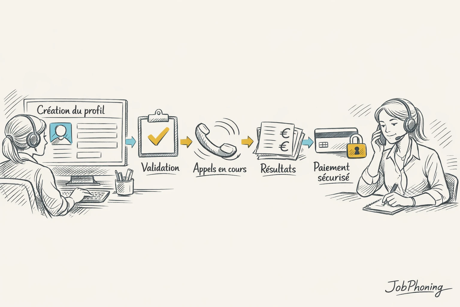 Schéma représentant la mise en relation téléprospecteurs-entreprises via étapes reliées par flèches et blocs rectangulaires