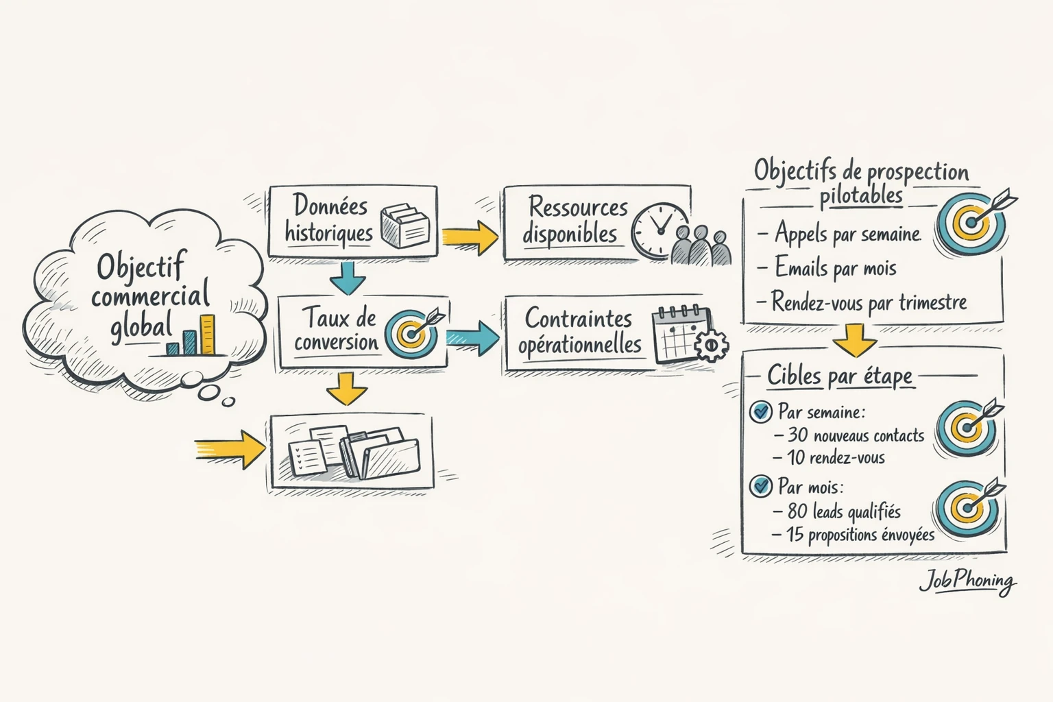Schéma représentant la définition d’objectifs de prospection via un enchaînement de blocs reliés par des