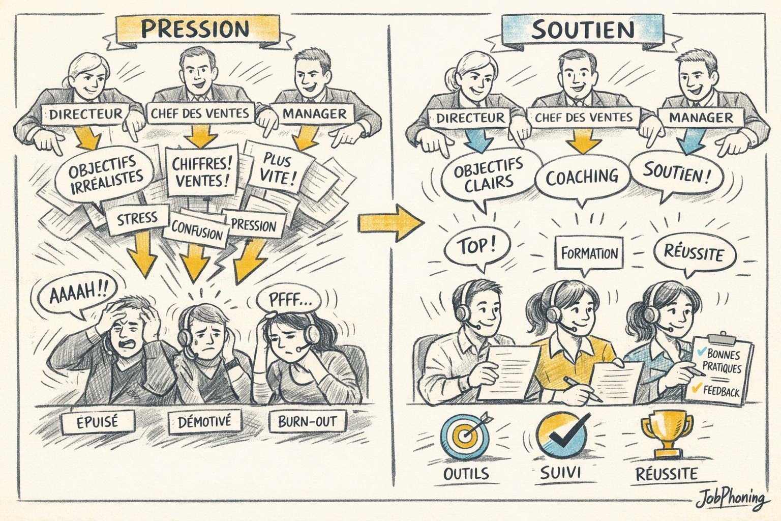 Schéma représentant la diffusion de la pression commerciale via blocs superposés et flèches contrastées.