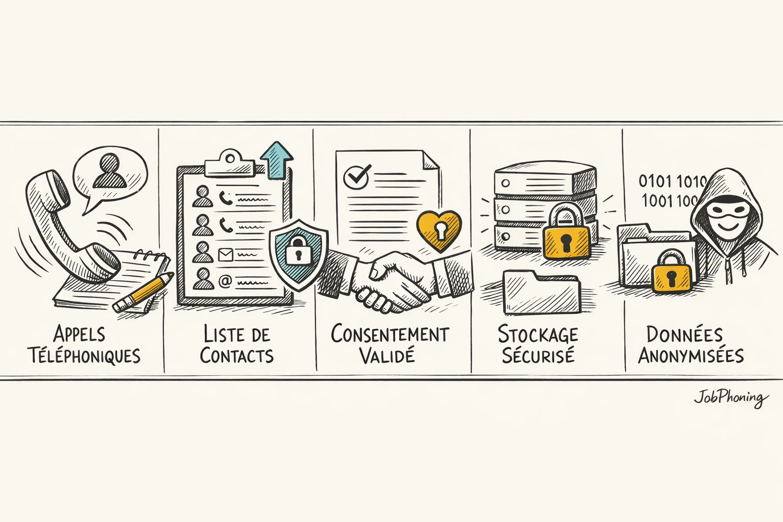 Schéma représentant une campagne d’appels conforme via enchaînement de blocs, flèches, boucliers, fichiers et bases