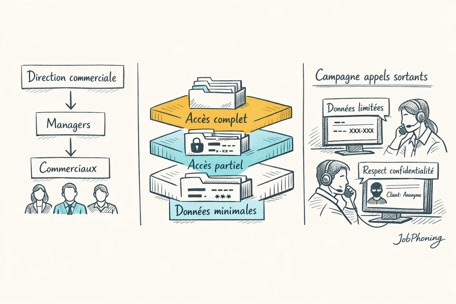 Infographie représentant la protection des données via bouclier central, fichiers segmentés et rôles hiérarchiques connectés.