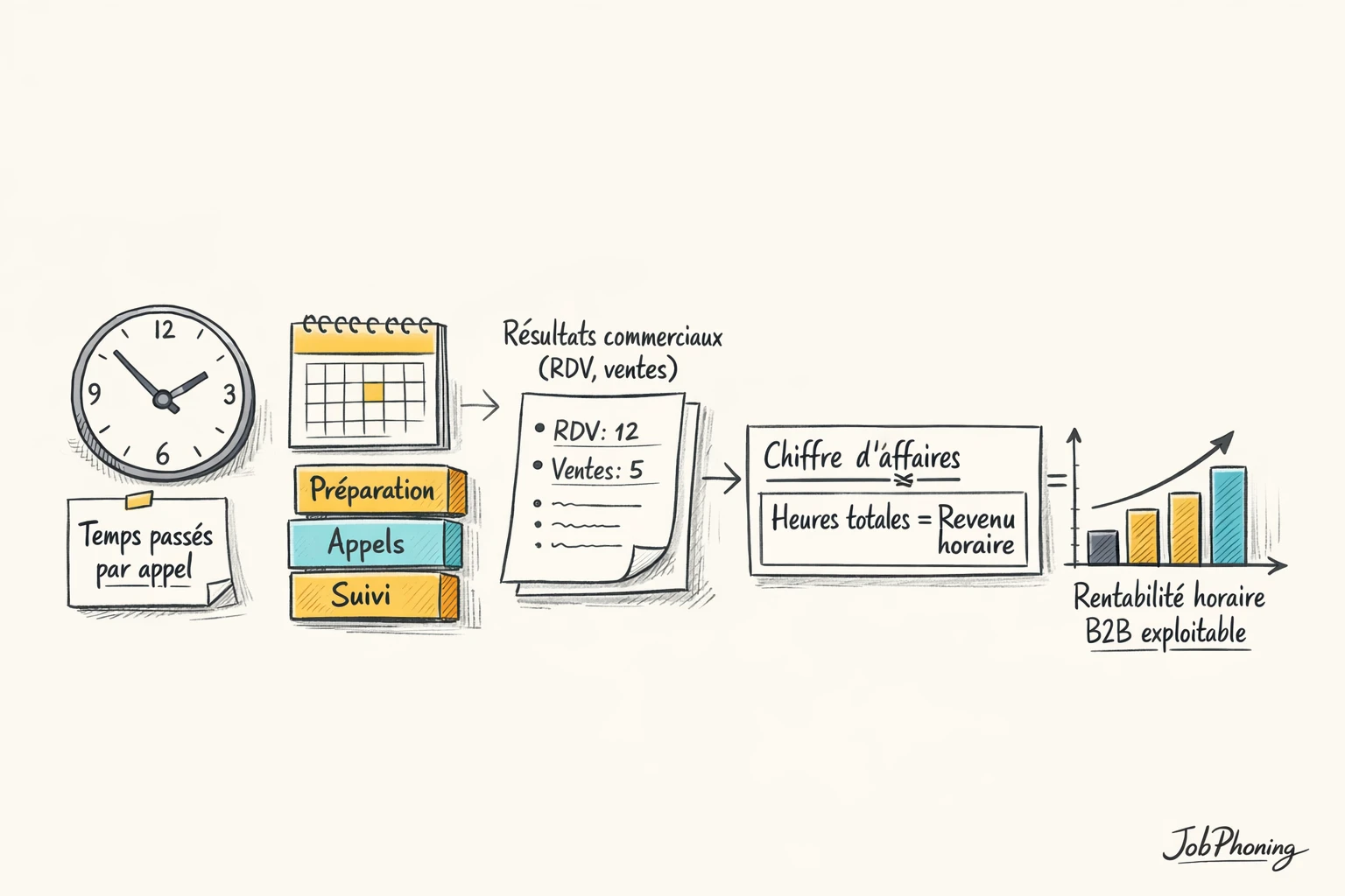Schéma représentant le calcul du revenu horaire via un flux d’étapes reliées par des flèches