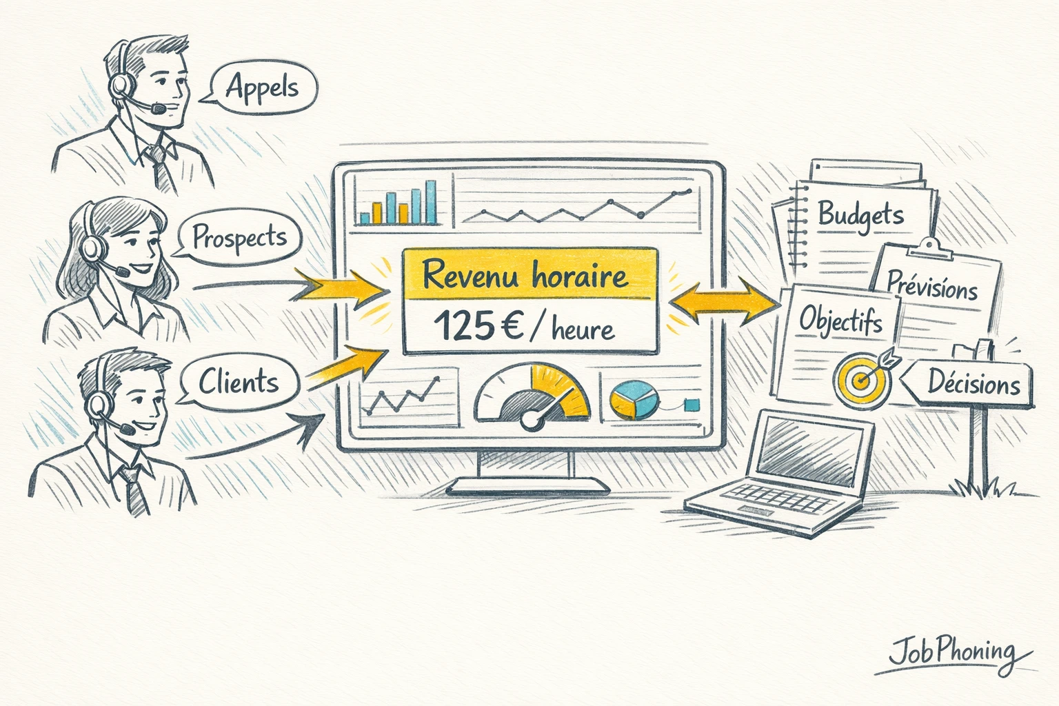 Infographie représentant un indicateur horaire central via un cercle connecté à téléphones, écrans et jetons