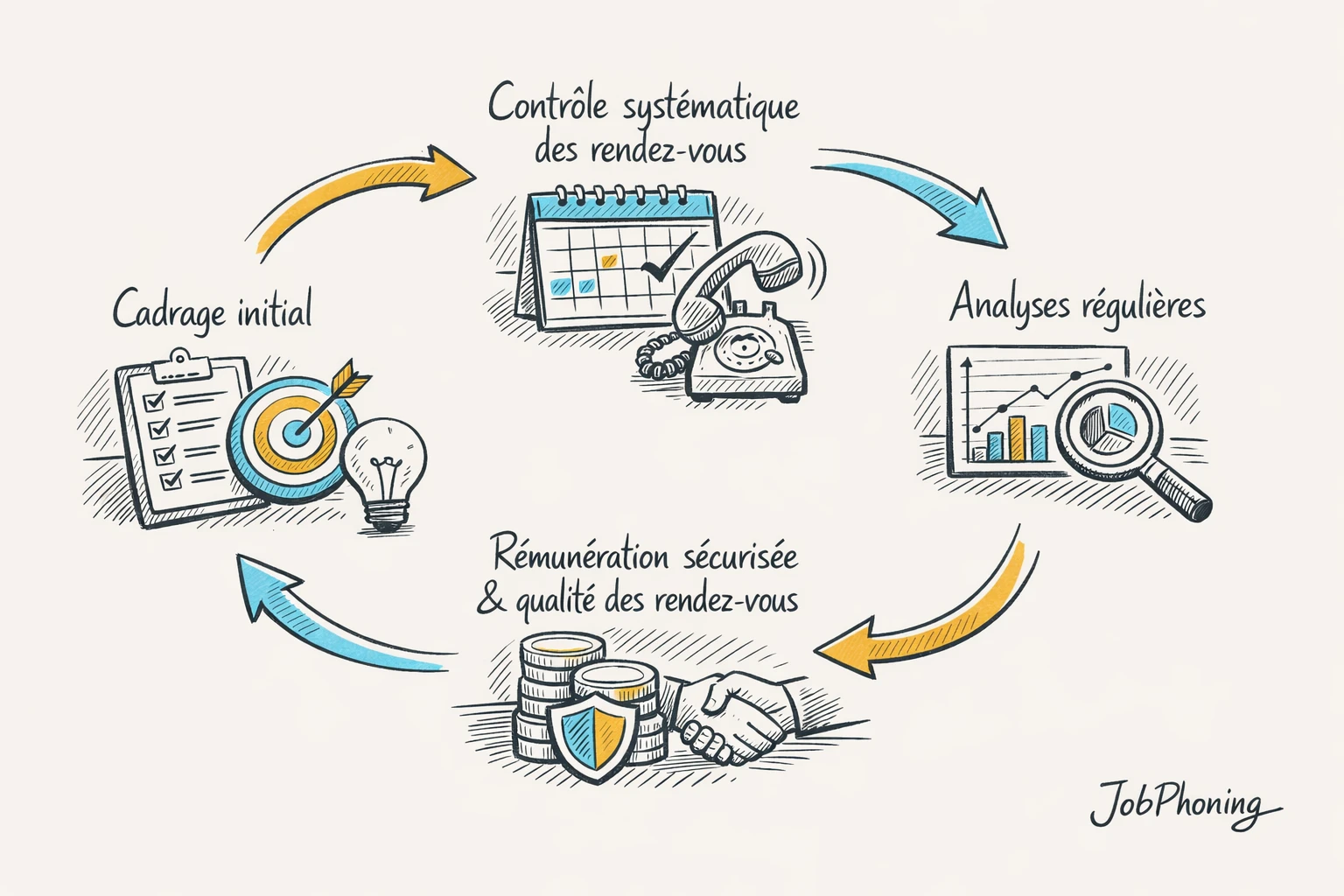 Schéma représentant le pilotage des rendez-vous téléprospectés via un enchaînement de blocs et flèches minimalistes.