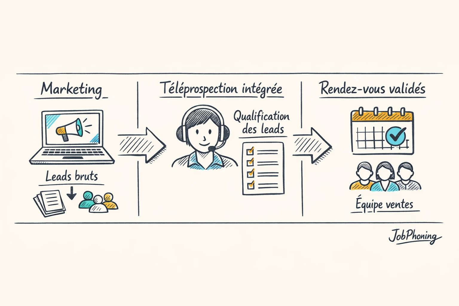 Schéma représentant la coordination téléprospection, marketing et ventes via un hub central, rectangles pipeline et