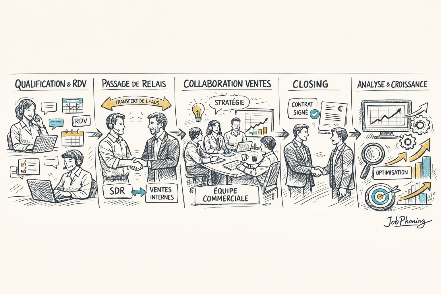 Schéma représentant un dispositif commercial hybride via enchaînement de blocs reliés et flèches.